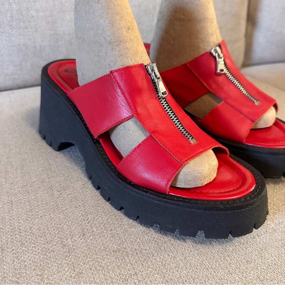 Free People Wishbone Zip Front Lug Sole Platform Sandals Mules Red Slides